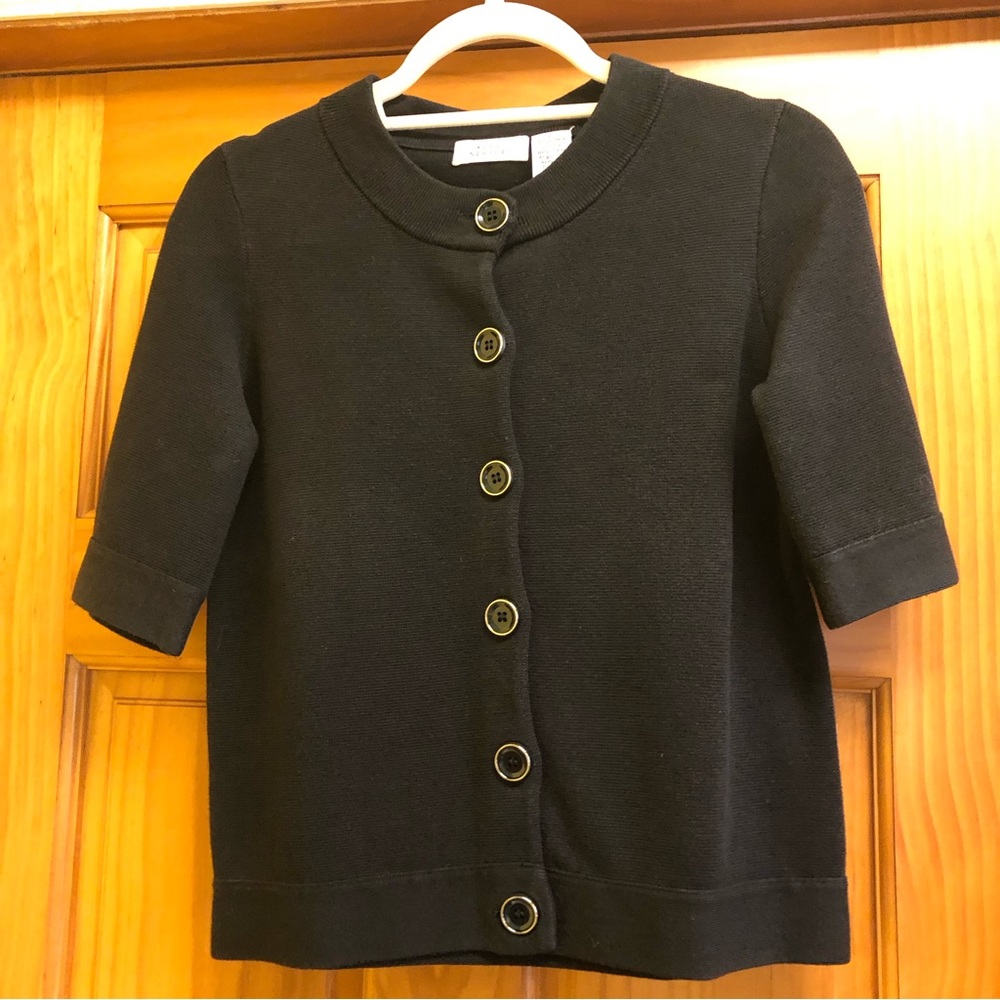 Barneys New York Cardigan Women's XS Black Knit 1/2 Sleeve Sweater Crew Neck